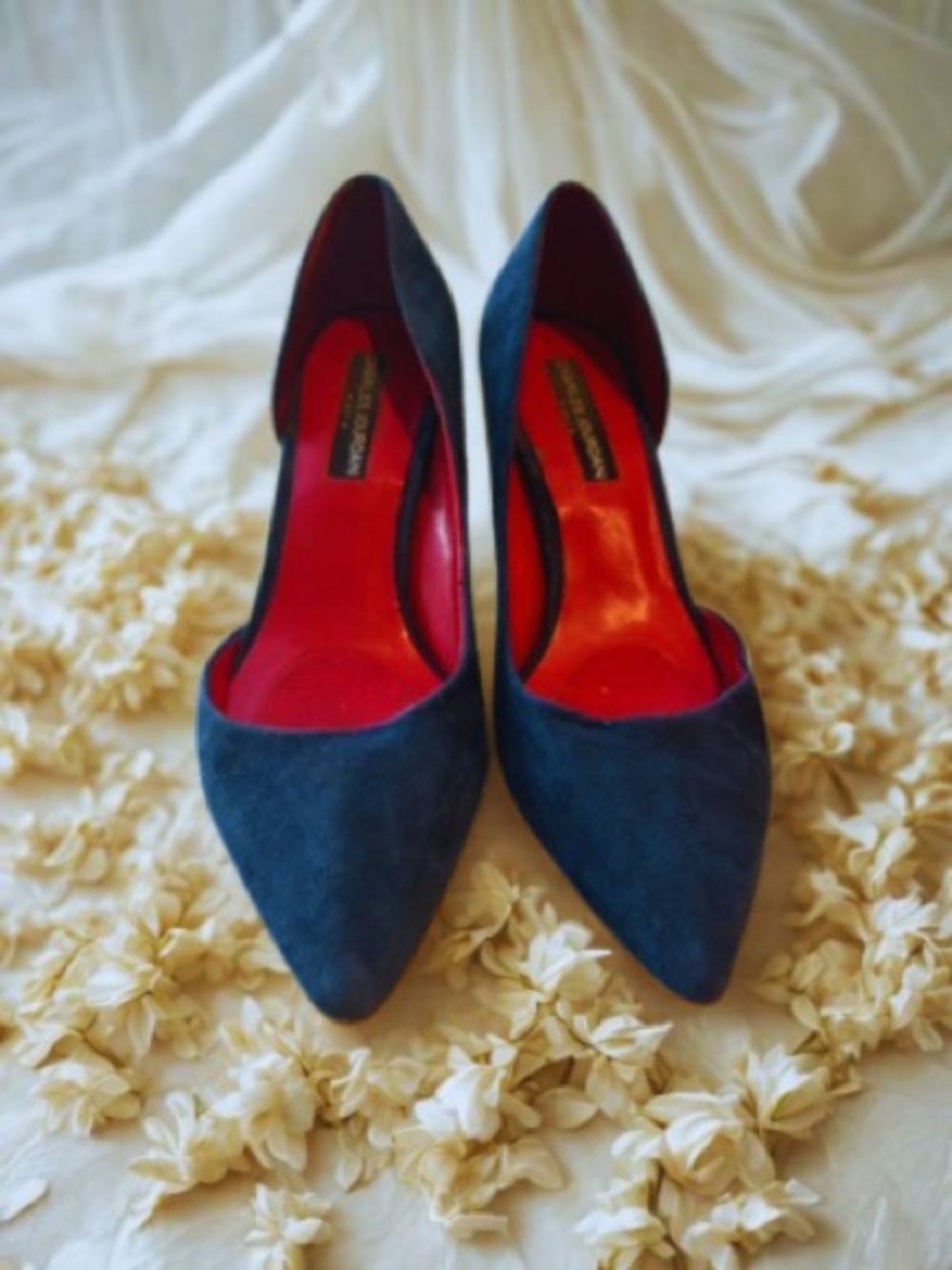 Charles Jourdan Navy Suede Pointed-Toe Pumps with Red Insole